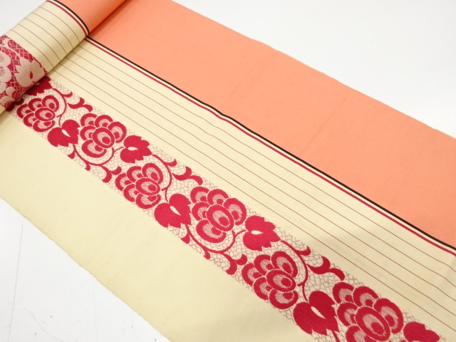 JAPANESE KIMONO / ANTIQUE BOLT FOR HASSUN OBI / SILK / CHIKUZEN HAKATA / WOVEN STRIPE & FLORAL ARABESQUE